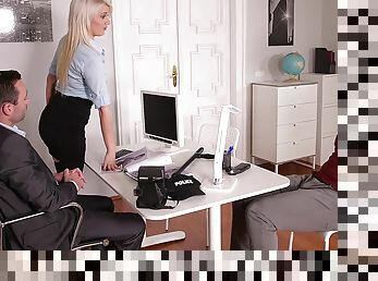 Office babe gets laid with two men in a rough trio