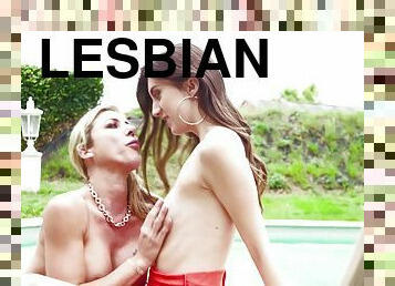 Sexual delight in mom's company for whole lesbian duo by the pool