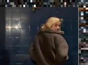 Cute blonde alt girl pisses in public urinal