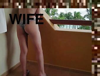 Freaky Hotwife MILF Sucks Cock and Stripteases on Hotel Balcony