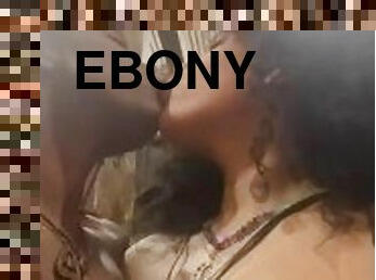 Ebony and Latina lesbians makeout in a public bathroom