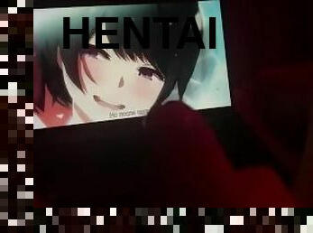 A guy with a red consecration jerks off on a juicy hentai