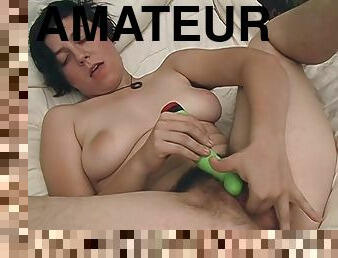 Amateur with hairy pussy tries on her new dildo