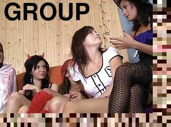 Sexy Halloween costumes on these dirty girls in a group scene