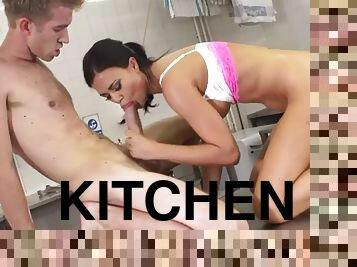 Big tits Jasmine Jay fucks a horny stud hard in a big kitchen