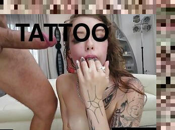 Tattooed babe Eden Ivy is fucked in the mouth until she receives all the cum