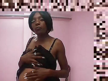 Pregnant black slut teases us in black lingerie