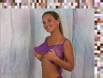 Christina Model Purple polka dot blouse  lacy short shorts