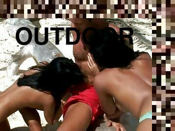 A sandy and anal threesome for hot brunettes