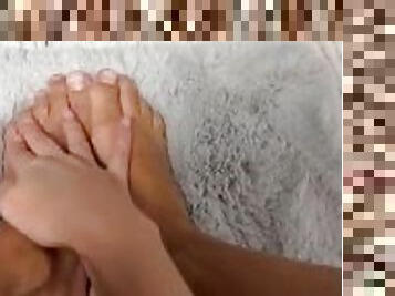 Foot job for realistic dildo with a lot of lube