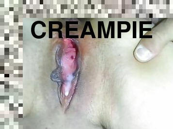 gigantisk, fitta-pussy, fru, amatör, cumshot, milf, hemmagjord, creampie, par, sprut