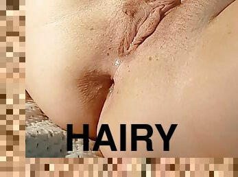 close up of dripping wet hairy pussy orgasm