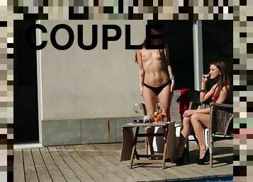 Couple of mouthwatering bitches share a cock by the pool