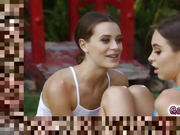 Lana caresses riley's small breasts and tells her she can work on her chest muscles