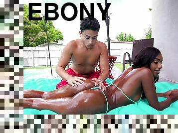 Ebony beauty leaves horny pool guy fuck her tiny holes in harsh modes