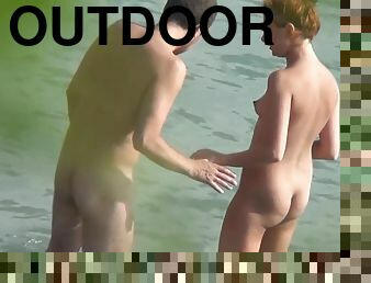 Naked babes are walking naked outdoors