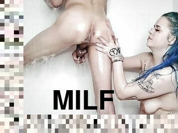 mandi, anal, blowjob-seks-dengan-mengisap-penis, jenis-pornografi-milf, deepthroat-penis-masuk-ke-tenggorokan, pasangan, bokong, mandi-shower, dominasi