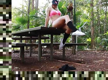 Blonde slut gets smashed on the picnic table