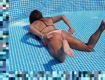 Nippleringlover Horny Milf Hot Bikini Flashing Pierced Nipples & Pussy While Cleaning Pool Outdoors