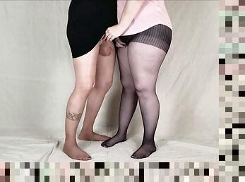 Curvy BBW in pantyhose jerks off cock in nylons. Will you cum playing with us?