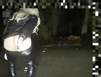 Crossdressing latex sissy at public parking lot risky flashing