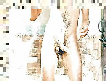 Sexy men with big dick cumshot taking bath public