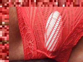 Mini vibrator in red lace lingerie makes me cum