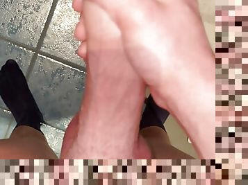 Jerked off my morning wood  in public bathroom with lotion - edging handjob 