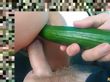 Blondie slides massive cock up the pussy and cucumber down the ass
