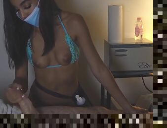 Masked masseuse babe in skimpy bikini groped while jerking off