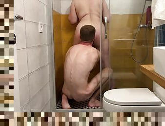 Skinny guy fucks busty BBW in the shower 4K ep.3