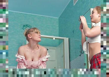 Impressive mom-daughter shower seduction in elegant XXX