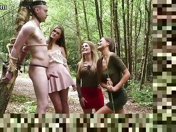 BDSM CFNM group BJ and HJ outdoor 4 sub by dominant babes
