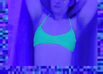 Cute Bikini Trans Girl Strips, Showers and Plays by Black Light 