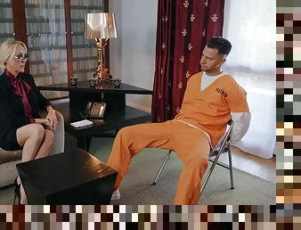 Horny prisoner sucks glamorous blonde mature on the couch