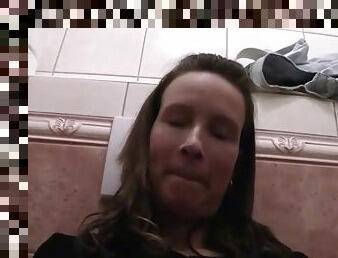 Bitches stop - pretty brunette fucking in public toilet