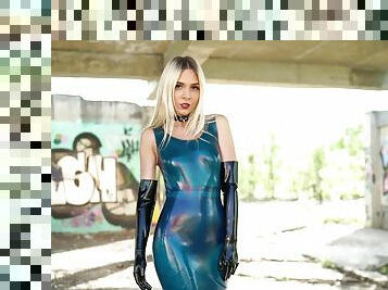 Blue Latex Dress On Public