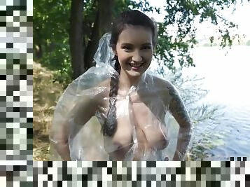 Fuck and Shine - Big ass brunette girlfriend fucked outdoors by the lake wrapped in plastic