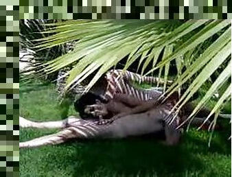 Horny slut and a DP in the garden