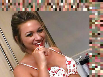 Whipped cream on her perky teen tits