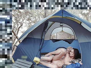 Girls out camping and making out in the morning