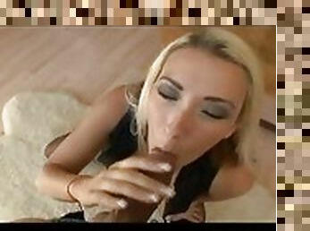 Blonde on her knees working his meat