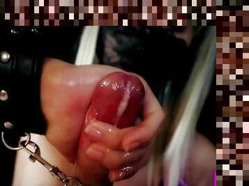 Sweet blonde in leather handcuffs makes you cum slowly and gently