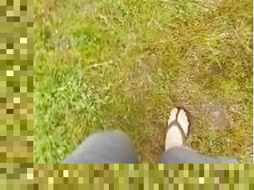 A walk and a piss: I held for as long I could! Desperate release, pissing, moaning in pleasure