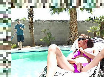 Pool boy fucks thin mature female and comes on her saggy tits