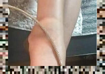Gold heels, nylon stockings, long pink nails AMSR