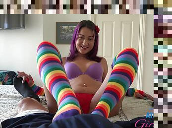 Loud sex for a teen in colorful outfit greedy to swallow
