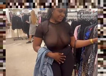 Wearing a see through shirt at the mall
