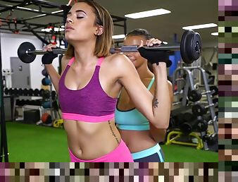 Lesbian pussy tasting session in the gym