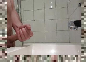 guy wanks his cock in bathroom hot cumshot and moaning